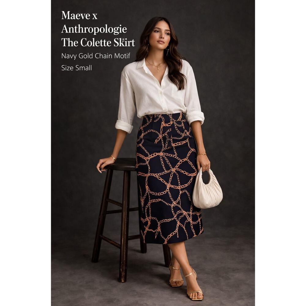 Maeve x Anthropologie The Colette Skirt Navy Gold Chain Motif | Size Small